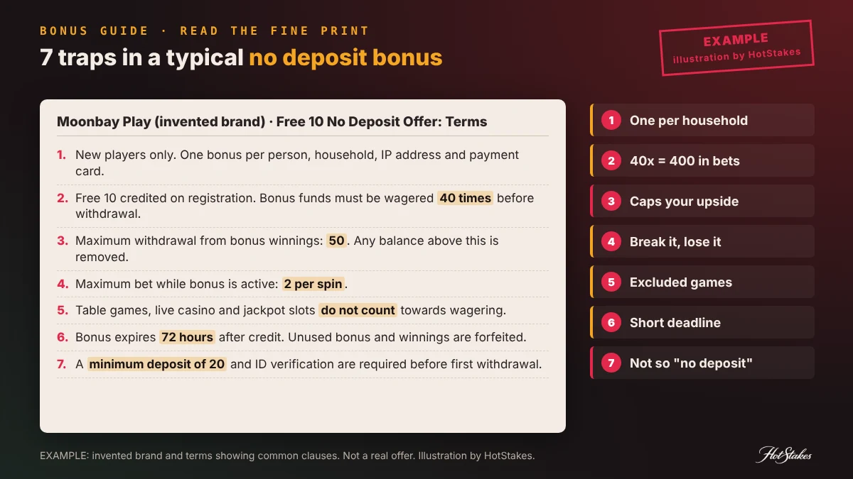 Example no deposit bonus terms and conditions with seven annotated traps: one per household, 40x wagering, max cashout 50, max bet, excluded games, 72-hour expiry and deposit before withdrawal