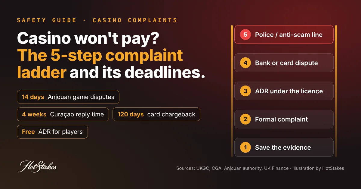 How to complain about an online casino cover: five-step complaint ladder from saving evidence to police, with key numbers 14 days Anjouan game disputes, 4 weeks Curaçao reply time, 120 days card chargeback and free ADR for players