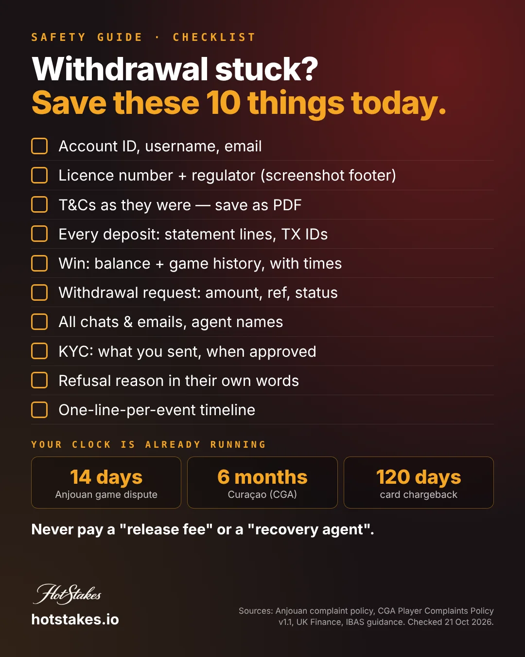 How to complain about an online casino poster: checklist of 10 pieces of evidence to save when a casino won't pay out, and the complaint deadlines for Anjouan, Curaçao, UK and card chargebacks