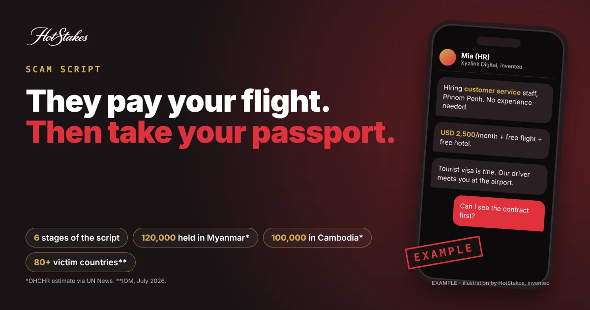 Overseas job scam cover: headline 'They pay your flight. Then take your passport.' beside a mock phone showing an EXAMPLE fake job offer chat