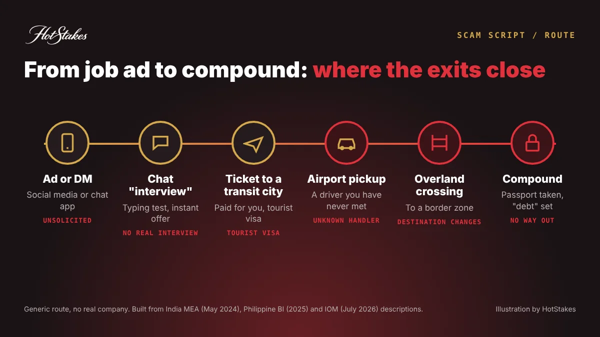 Route diagram of an overseas job scam from job ad to chat interview, transit flight, airport pickup, border crossing and scam compound
