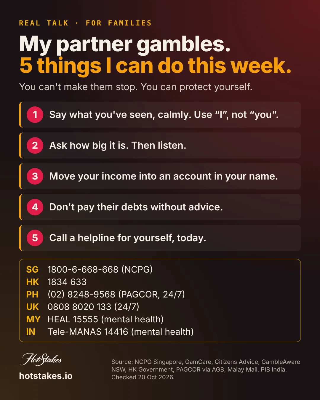 My husband gambles: five things a partner can do this week, with helplines for Singapore, Hong Kong, the Philippines, the UK, Malaysia and India