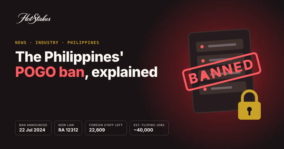 Philippines POGO ban explained: HotStakes cover with a server rack stamped BANNED and key dates