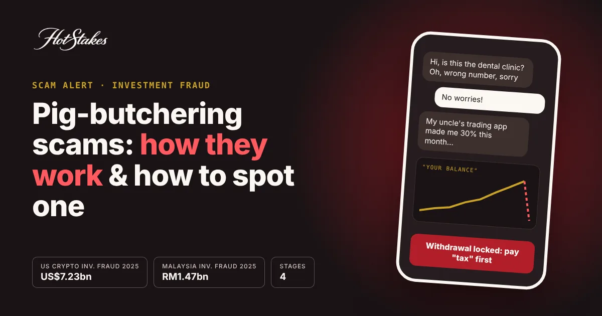 Pig-butchering scam illustration: a wrong-number chat leading to a fake trading balance and a locked withdrawal