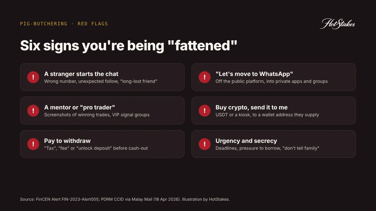 Checklist of six pig-butchering scam red flags