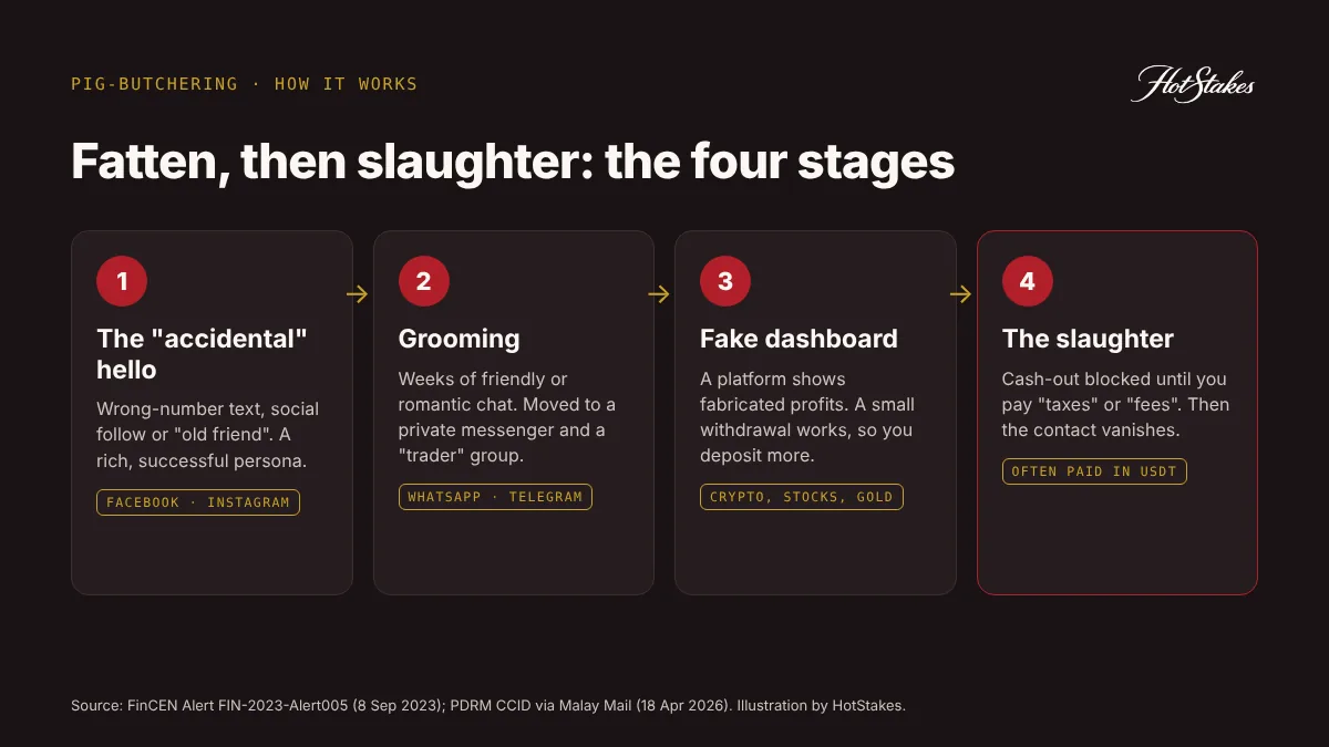 Diagram of the four stages of a pig-butchering scam: contact, grooming, fake dashboard, slaughter