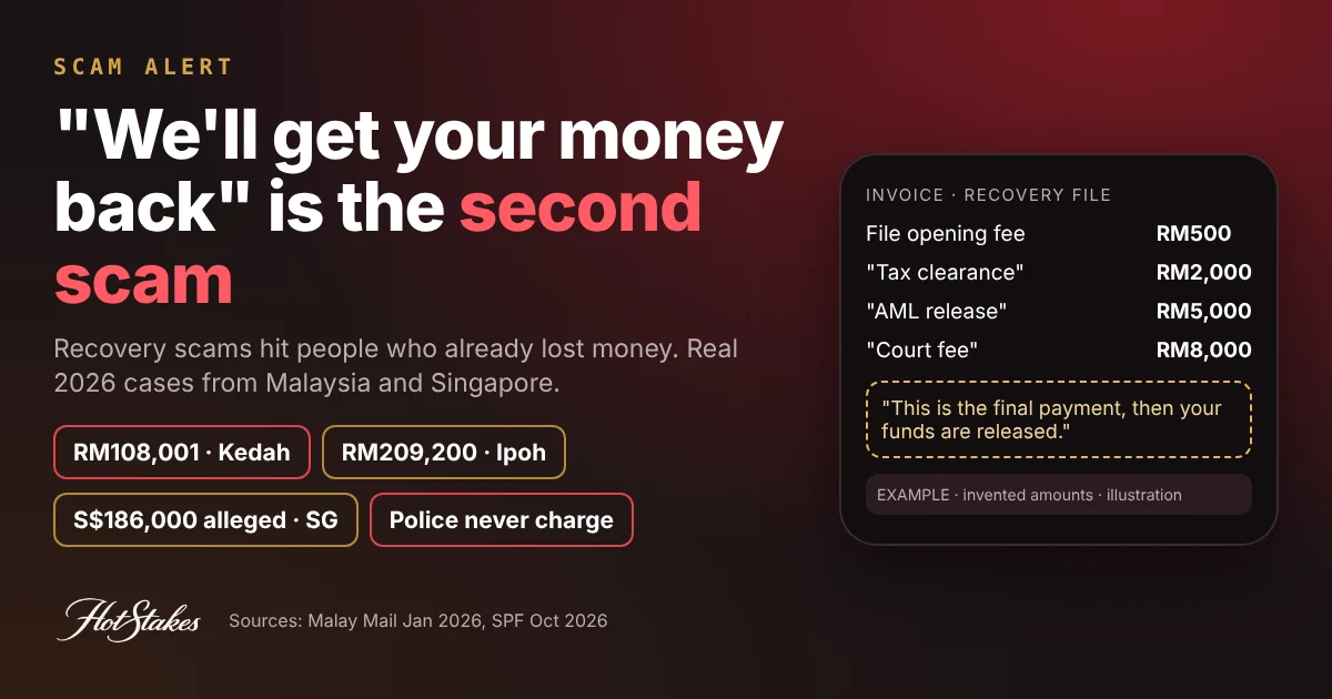 Recovery scam cover: a fake recovery invoice with file, tax and release fees, and chips for RM108,001 in Kedah, RM209,200 in Ipoh and an alleged S$186,000 in Singapore
