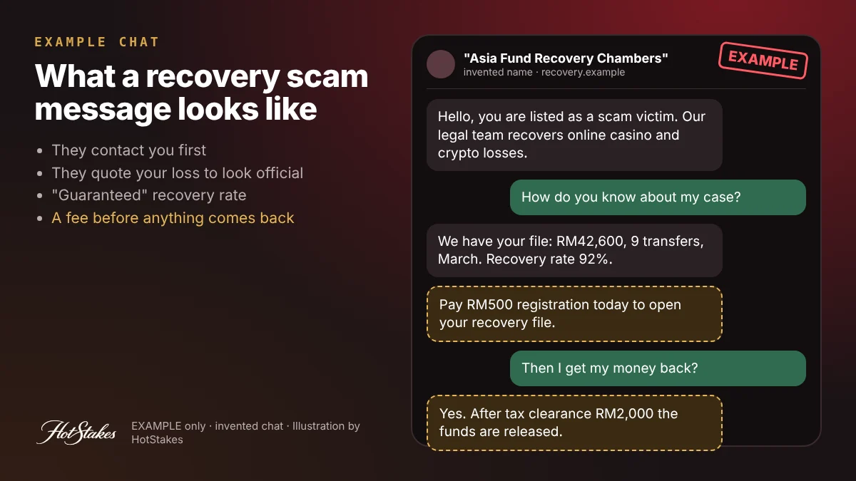 EXAMPLE recovery scam chat from an invented fund recovery chambers quoting the victim's loss and asking for a registration fee, stamped illustration by HotStakes