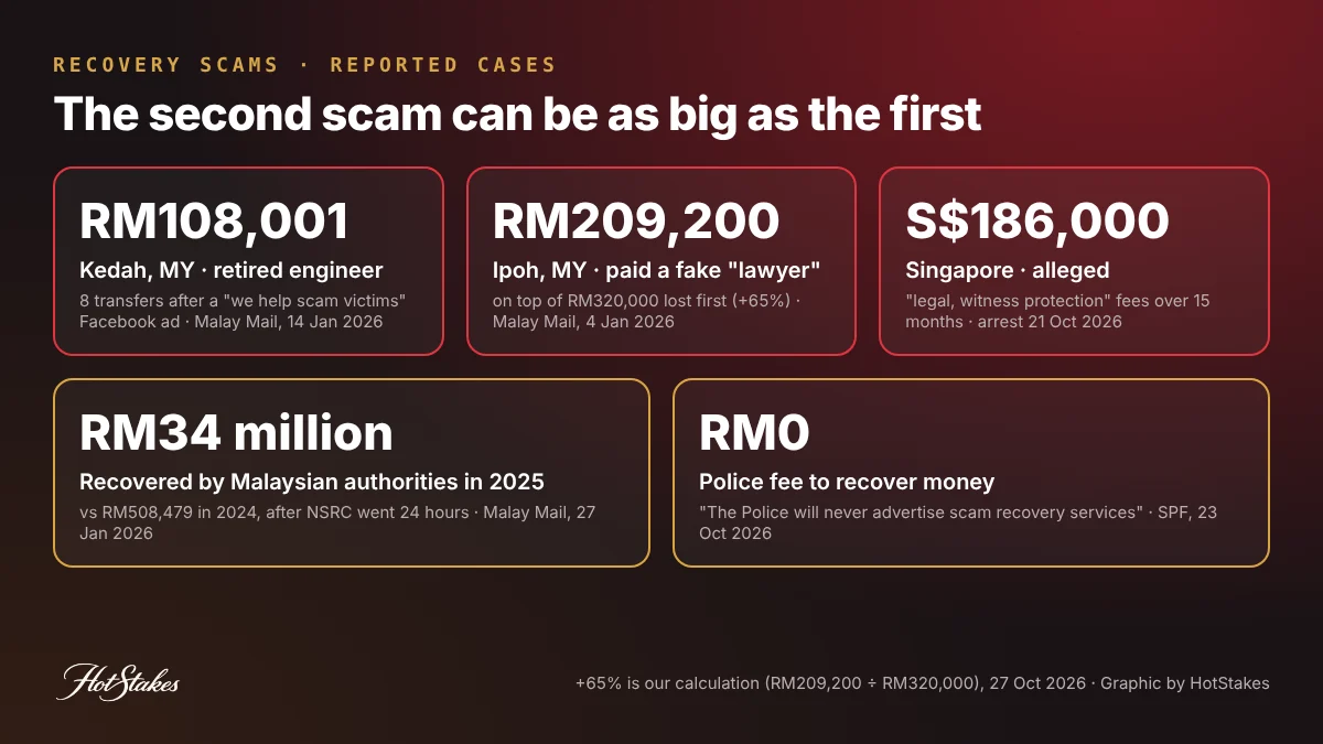 Recovery scam cases reported in 2026: RM108,001 in Kedah, RM209,200 in Ipoh, an alleged S$186,000 in Singapore, RM34 million recovered by Malaysia in 2025 and no police fee