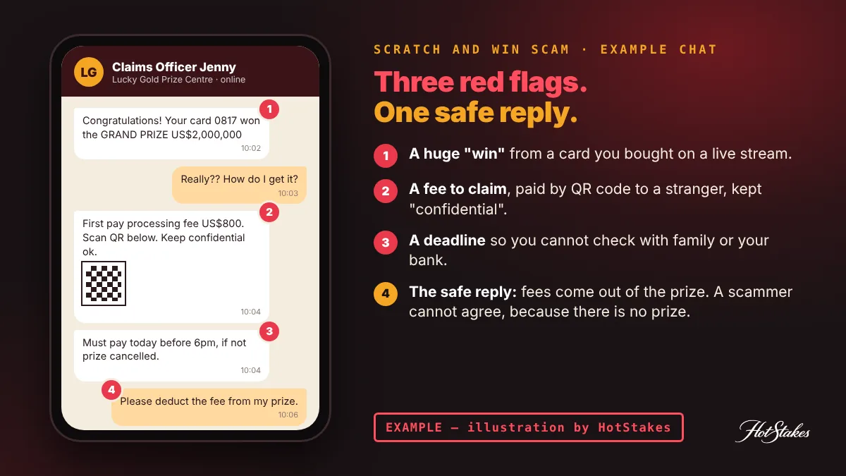 Scratch and win scam example chat: a fake claims officer congratulates a viewer on a US$2,000,000 scratch card win and asks for a processing fee by QR code, annotated with red flags