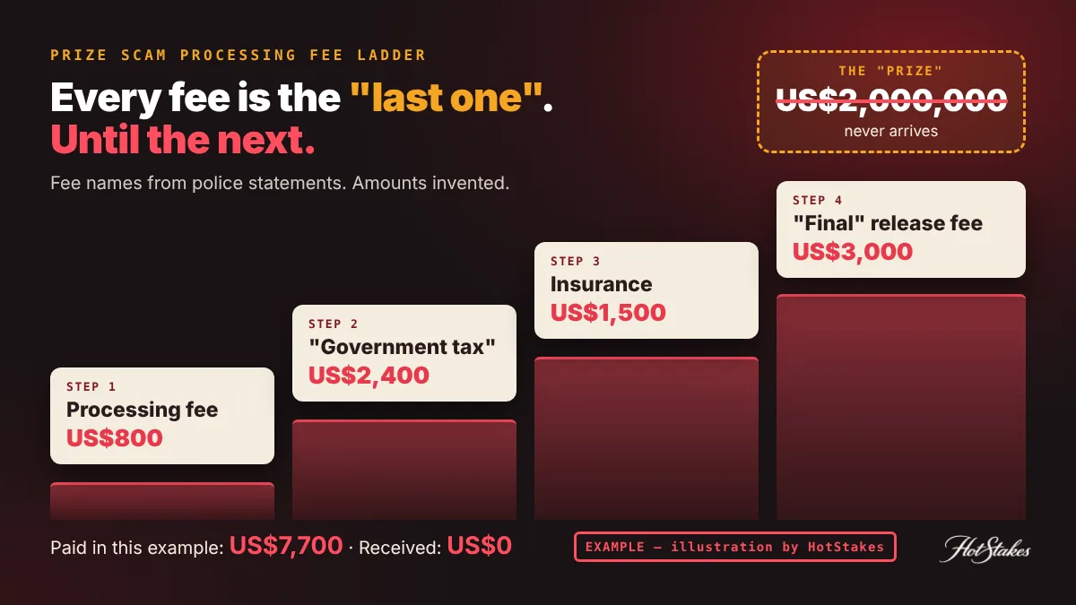 Prize scam processing fee ladder: processing fee, tax, insurance and a final fee climbing toward a prize that never arrives, with the warning that a real prize never costs money to claim