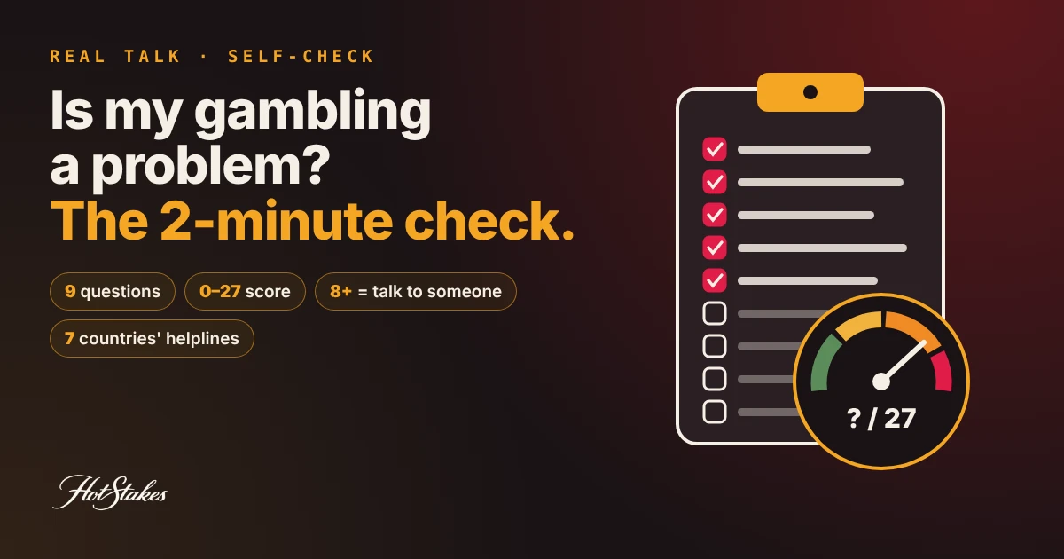 Signs of gambling addiction self-check: a clipboard with nine checkboxes and a score gauge out of 27