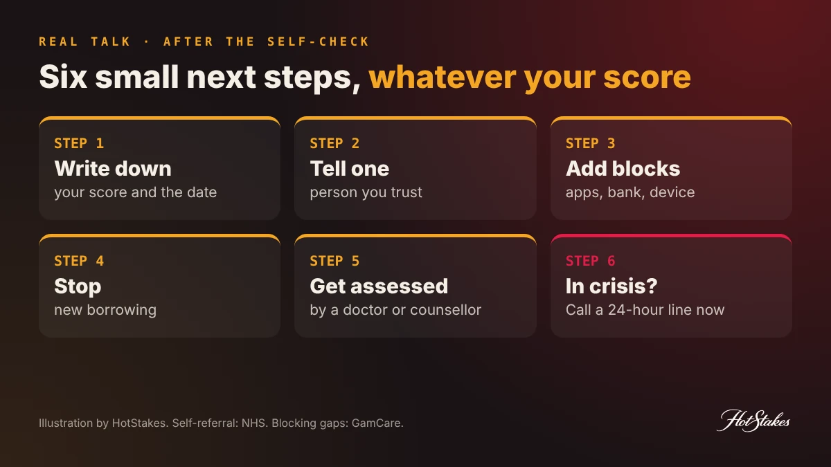 Problem gambling self assessment next steps: write down your score, tell one person, add blocks, stop borrowing, get assessed, call for help