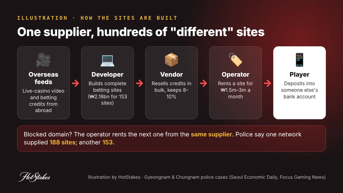 Diagram of the illegal betting site supply chain in South Korea: overseas live casino feeds and betting credits, software developer, vendor reselling credits for 8 to 10 percent, operators renting sites for 1.5 to 3 million won a month, players paying into borrowed bank accounts