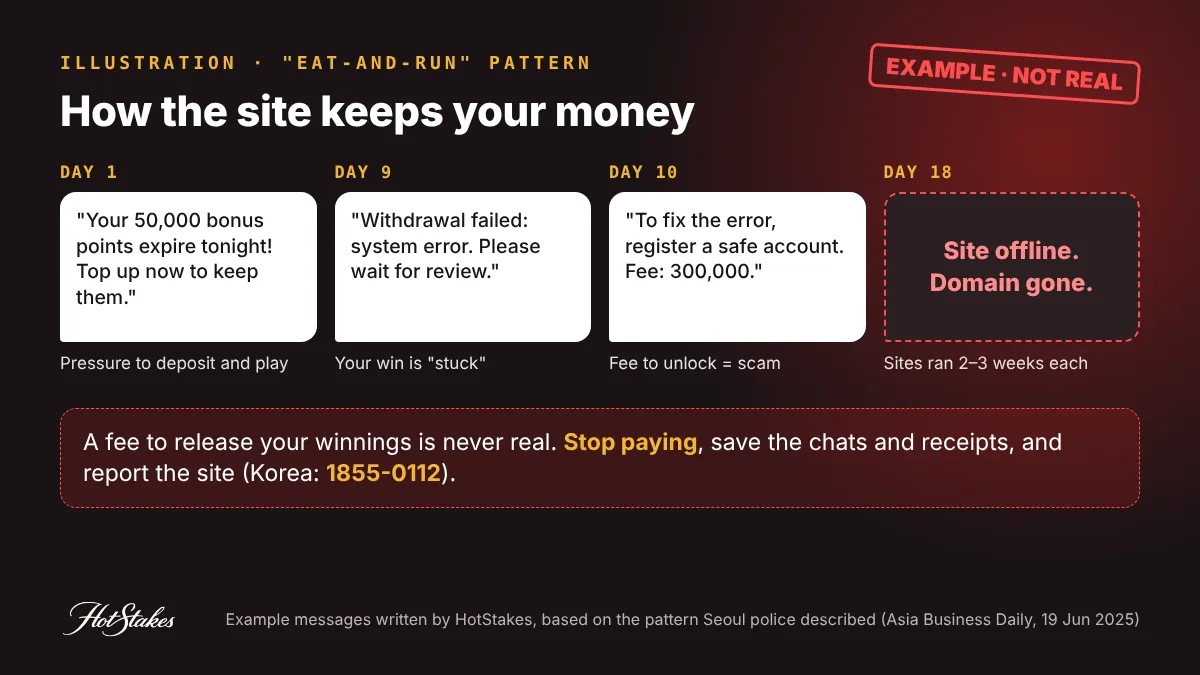 EXAMPLE illustration of an eat-and-run gambling site scam timeline: points expiring message, withdrawal blocked by system error, safe account fee demanded, site disappears after two to three weeks