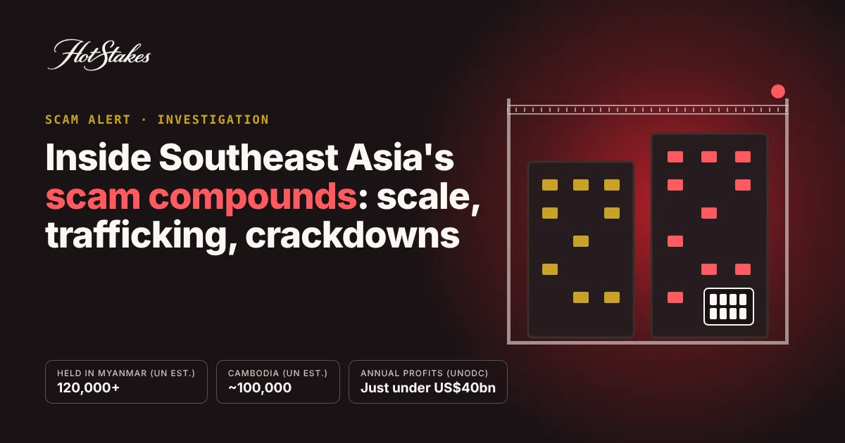 Illustration of a fenced Southeast Asia scam compound with key figures from UN estimates
