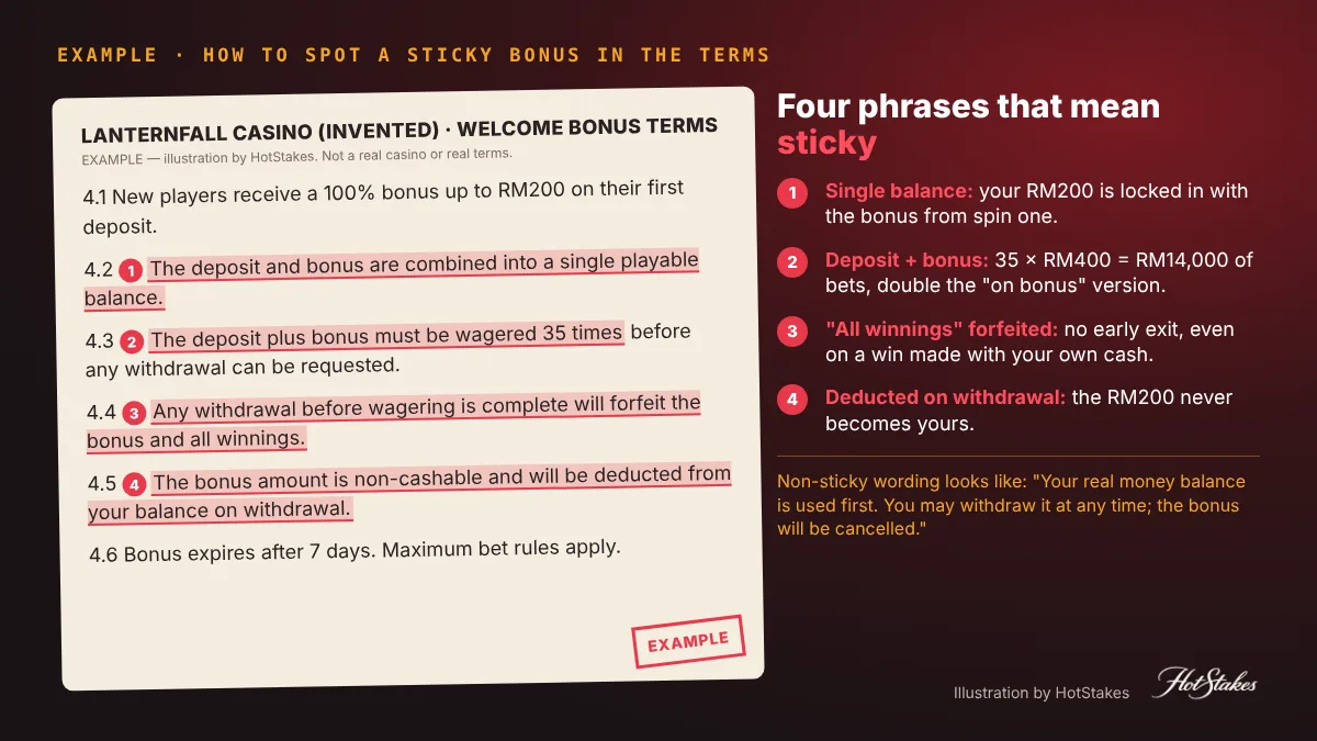 Sticky bonus terms and conditions red flags: an annotated example from an invented casino showing bonus deducted at withdrawal, deposit and bonus wagered together, and winnings forfeited if you withdraw early