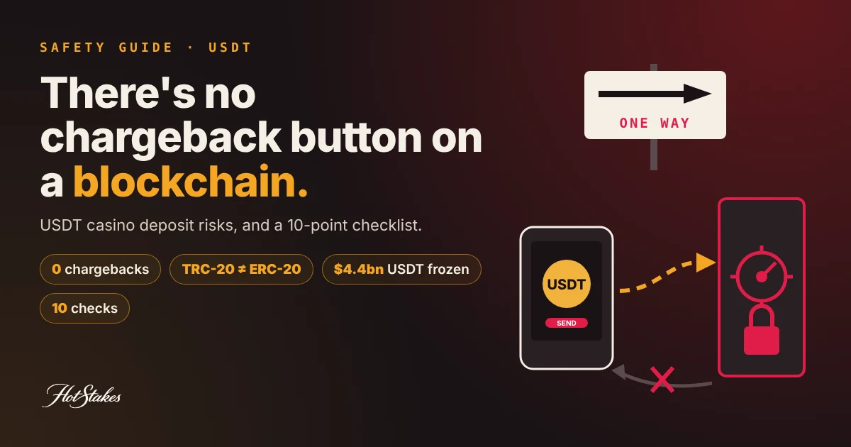 USDT casino deposit risks illustration: a wallet sends USDT one way into a locked vault, with the return arrow crossed out