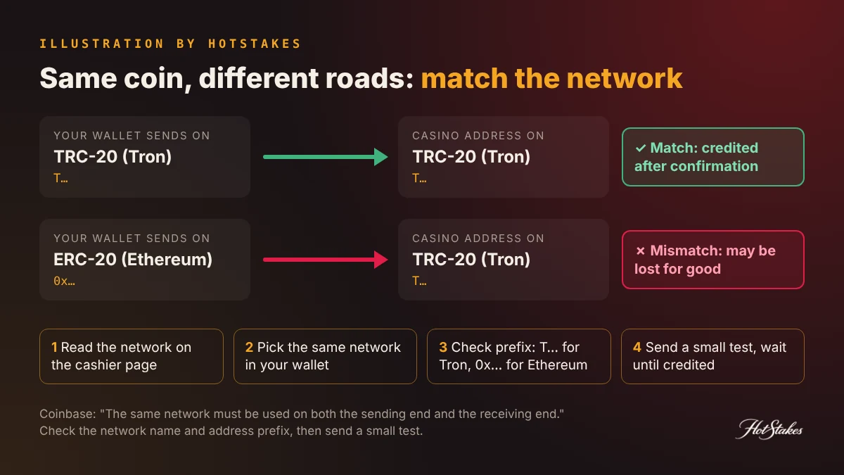 TRC20 wrong network explained: a USDT casino deposit sent on ERC-20 to a TRC-20 address may never arrive; match network and address prefix before sending