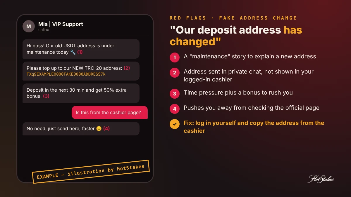 EXAMPLE chat of a fake USDT casino deposit address change message with red flags annotated: urgency, private chat, new TRC-20 address, bonus pressure