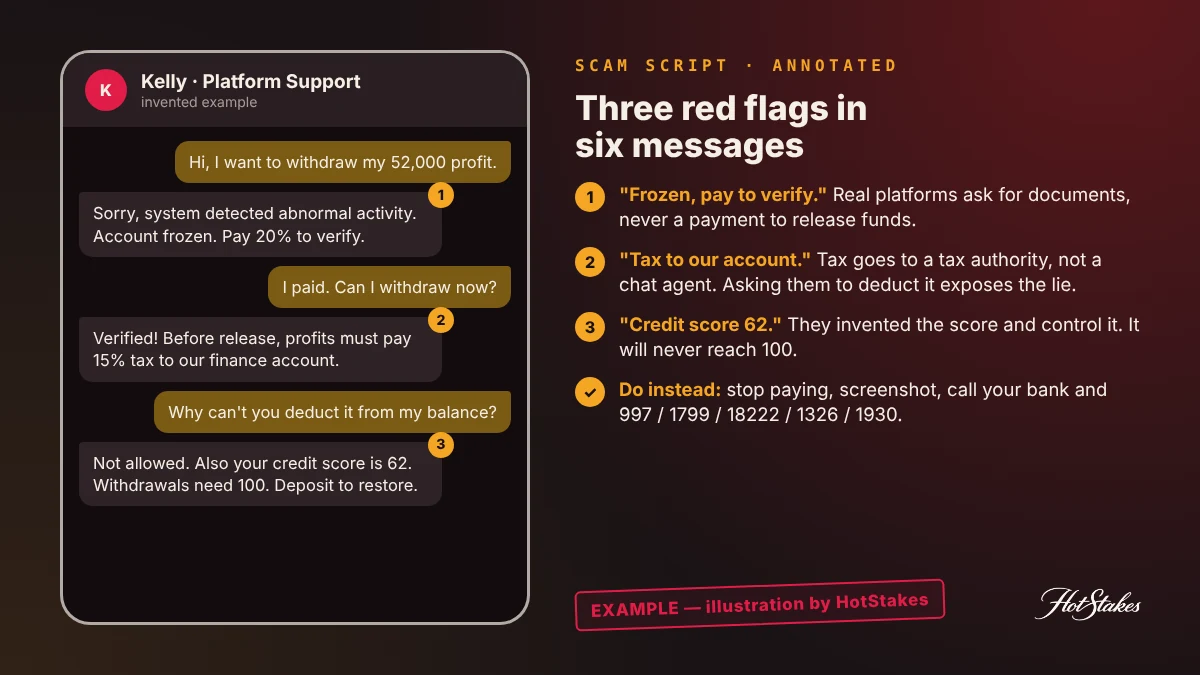 EXAMPLE withdrawal fee scam chat: account frozen pay to withdraw, then a tax demand, then a credit score deposit, each annotated with the red flag
