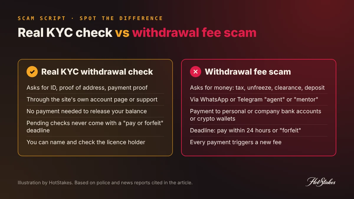 Legitimate KYC withdrawal check versus withdrawal fee scam: a real check asks for ID documents, a scam asks for money, tax or a deposit