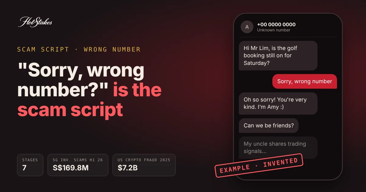 Wrong number text scam: mock chat on a phone from an unknown number, stamped EXAMPLE