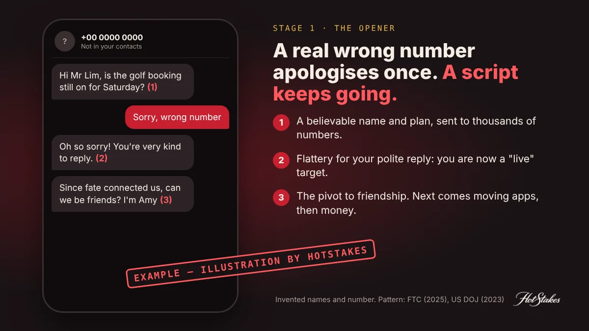 Wrong number text scam opener: mock chat screen from an unknown number, stamped EXAMPLE