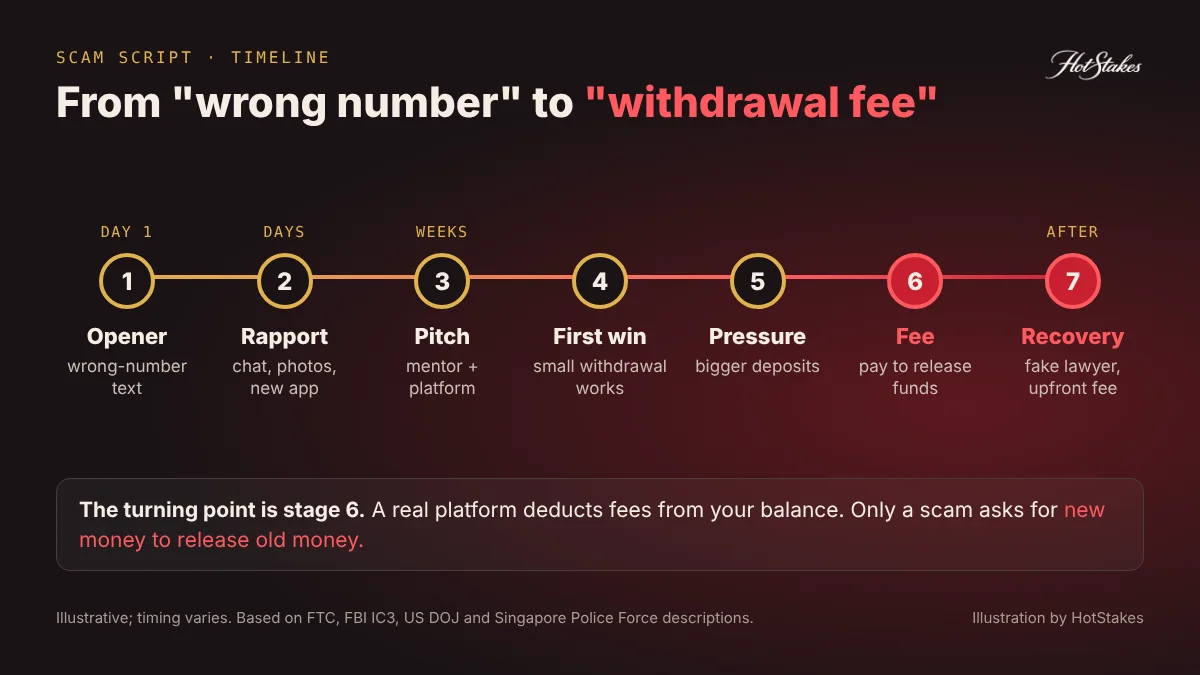 Wrong number text scam timeline from day 1 opener to withdrawal fee and recovery offer