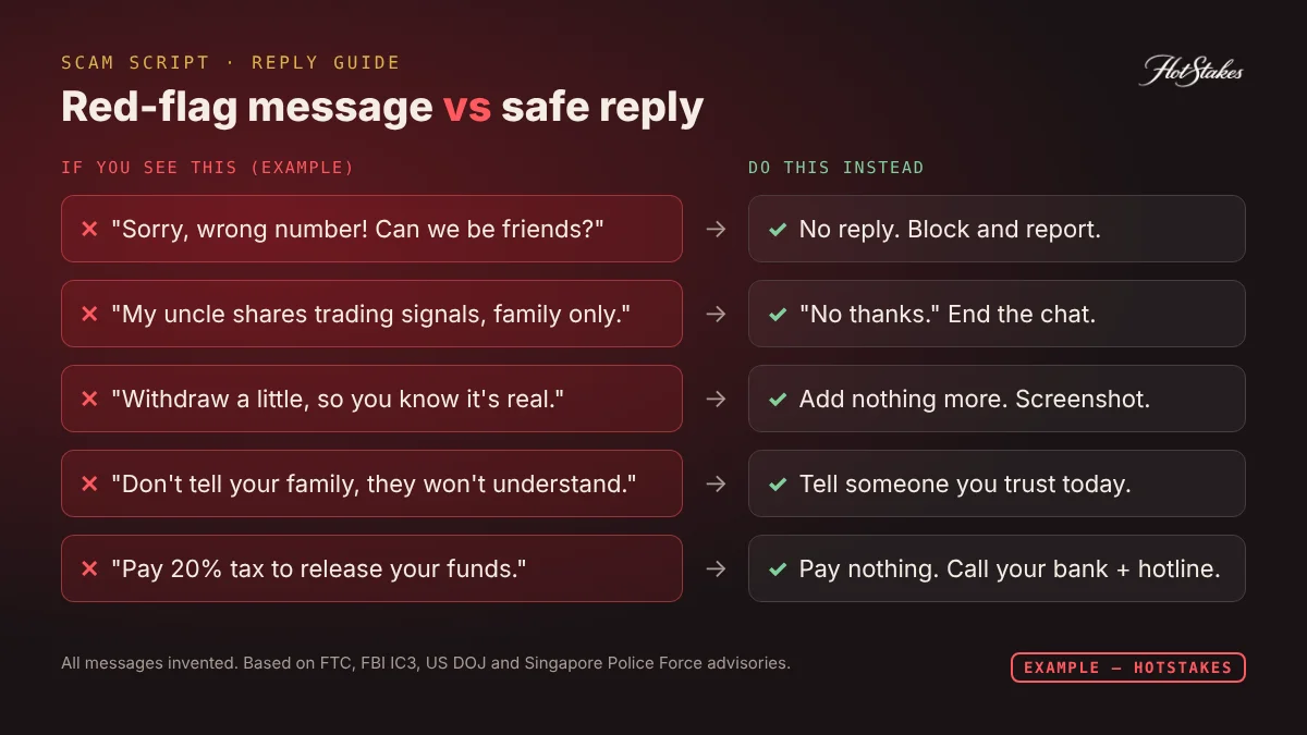 Scam message examples compared: red-flag messages vs safe replies in a wrong number text scam