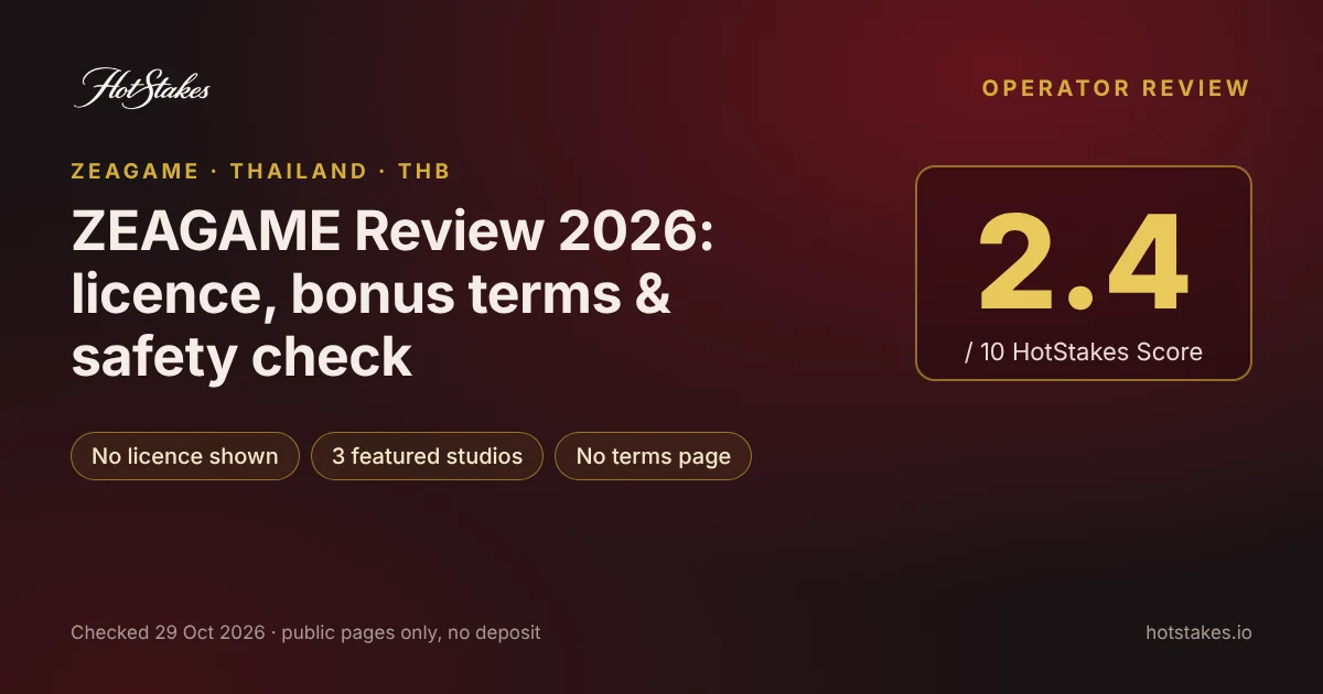 ZEAGAME review: HotStakes Score 2.4 out of 10, no licence shown, 3 featured studios